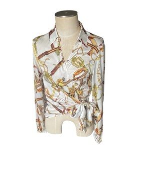 H&M White Wrap Blouse with Gold and Brown Equestrian Print